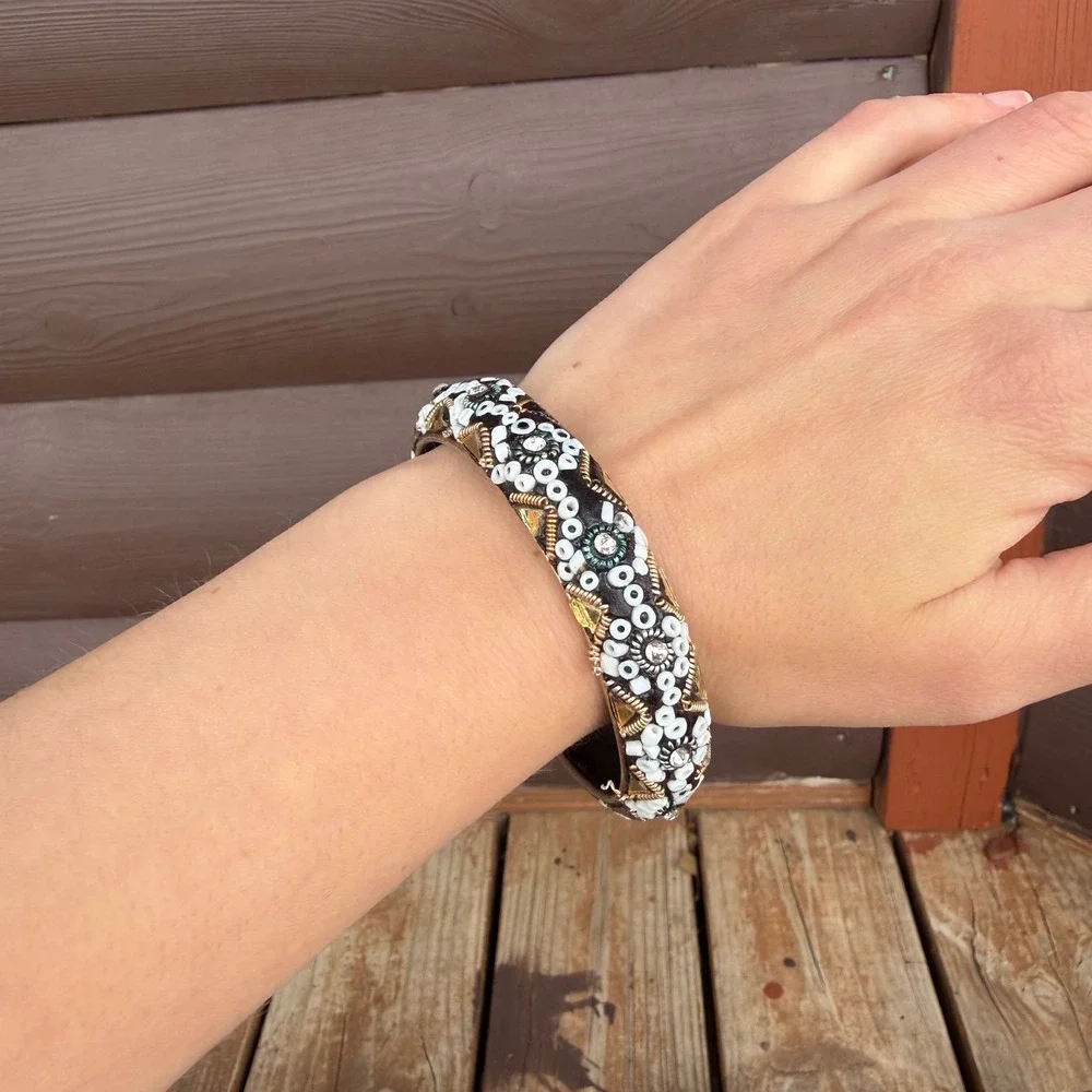 Vtg‎ Beaded Bangle Bracelet Women Black White Gold Rhinestone Boho Statement